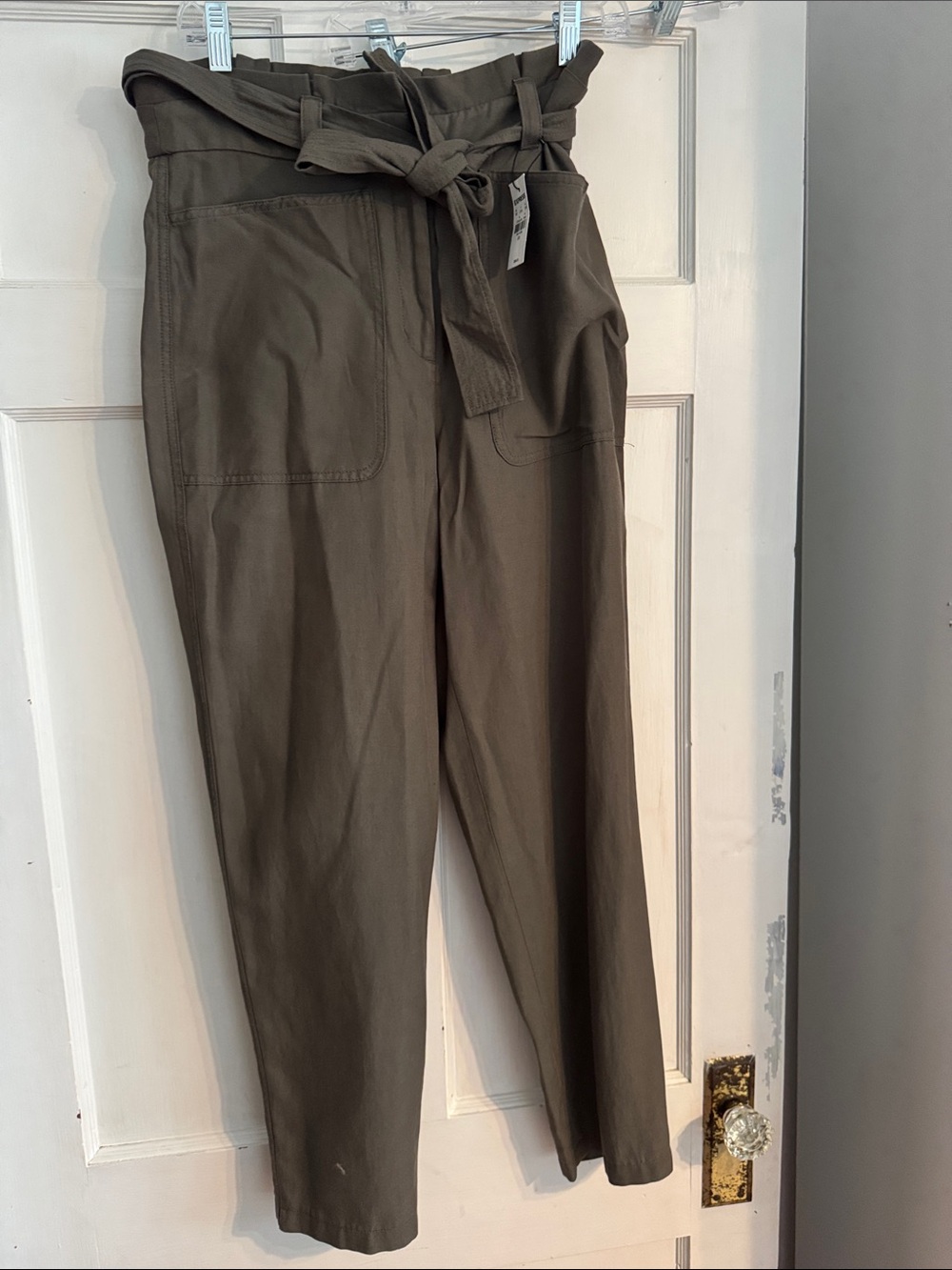 Express Olive Green Paperbag Waist Chinos with Tie Belt